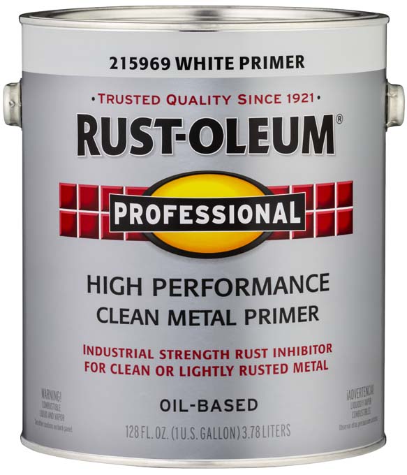Rust-Oleum professional white primer can, oil-based, 1 gallon, rust inhibitor for metal.