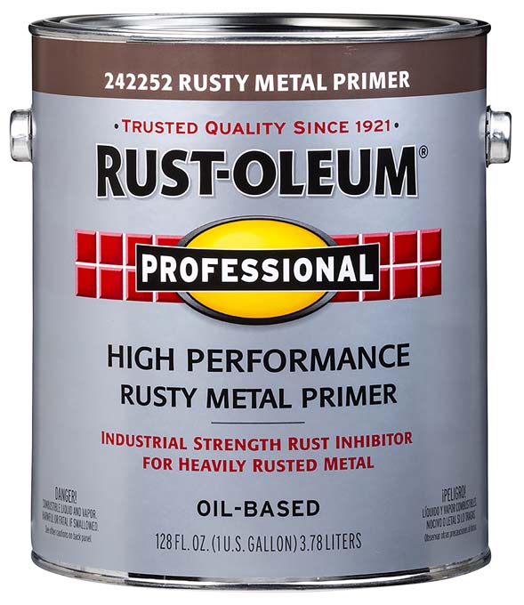 Rust-Oleum Professional High Performance Rusty Metal Primer can, 1 gallon size, oil-based rust inhibitor. 