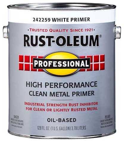 Rust-Oleum Professional White Primer can, 1 gallon, oil-based rust inhibitor for clean metal. 