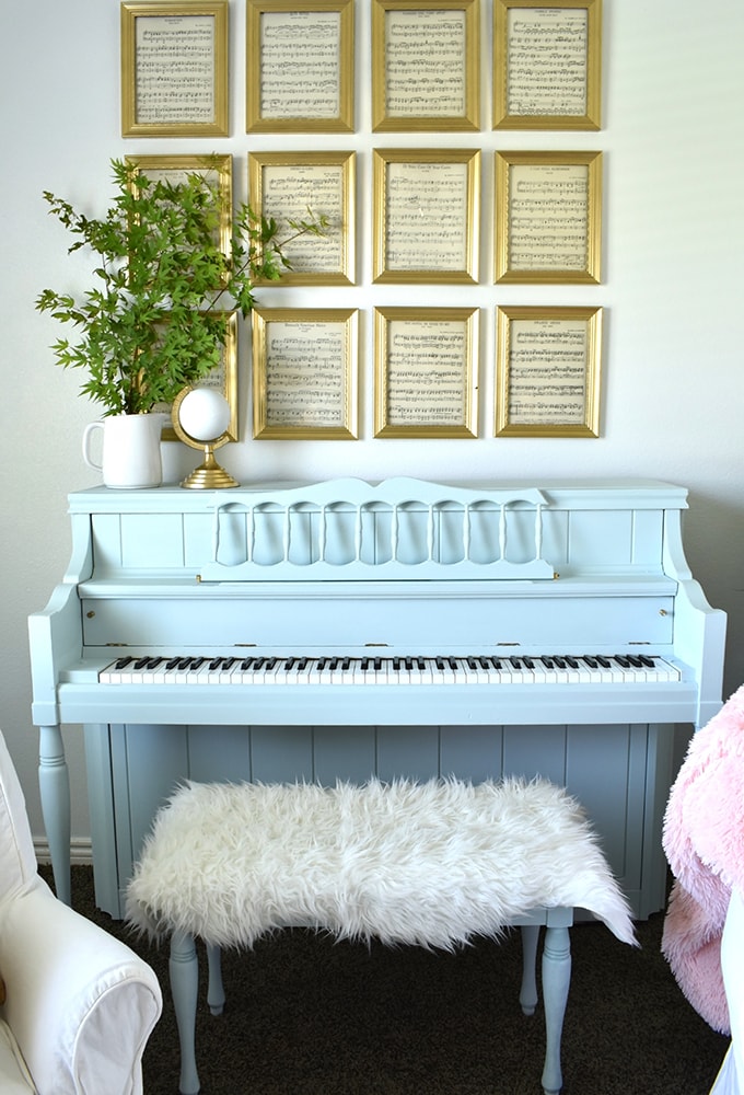 Light blue piano.