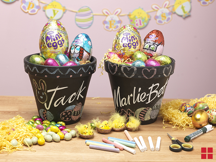 Flower Pots Painted with Chalkboard Spray Paint, Decorated, and Stuffed with Easter Candy
