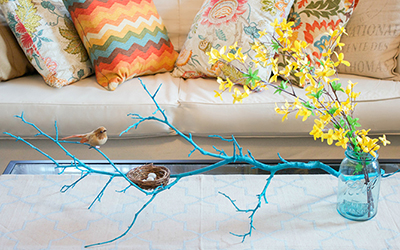 Blue Spray Painted Tree Branch Centerpiece with Decorative Bird and Nest