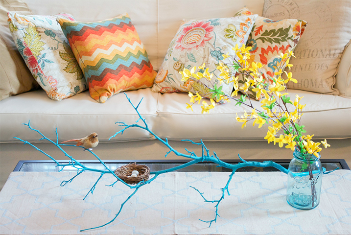 Blue Spray Painted Tree Branch Centerpiece with Decorative Bird and Nest