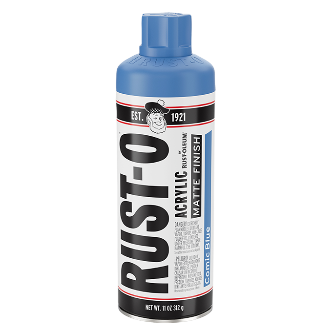A can of Rust-O spray paint with a blue cap.