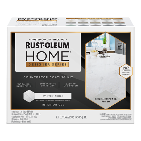 Rust-Oleum Home Designer Series countertop coating kit in white marble, covers up to 50 sq ft. 
